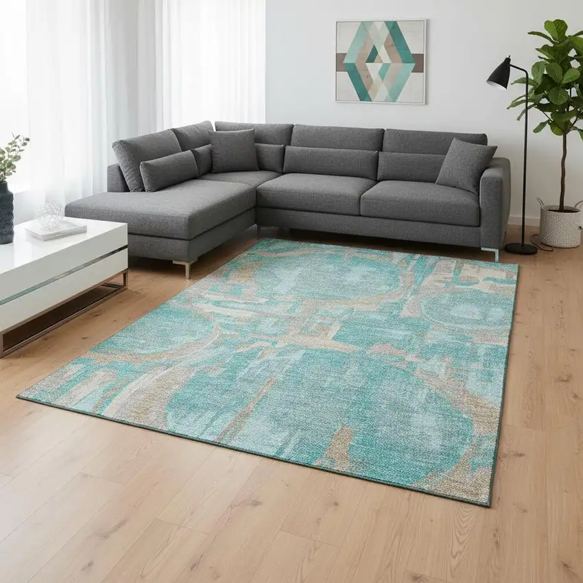 Teal Taupe And Beige Geometric Washable Area Rug With UV Protection Photo 2