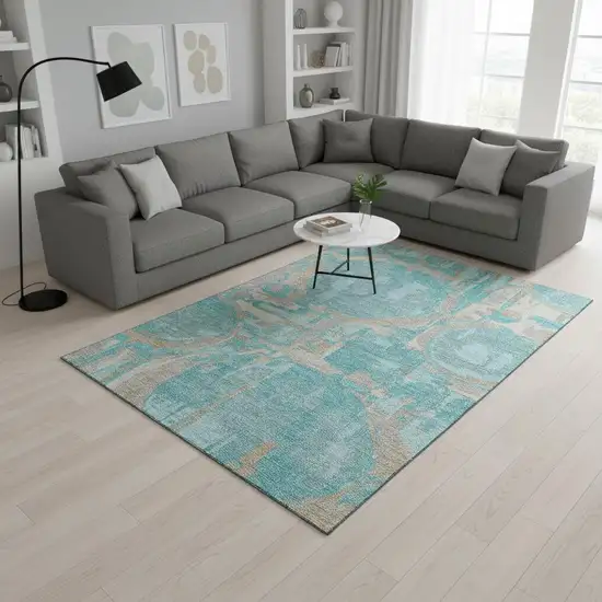 Teal Taupe And Beige Geometric Washable Area Rug With UV Protection Photo 2