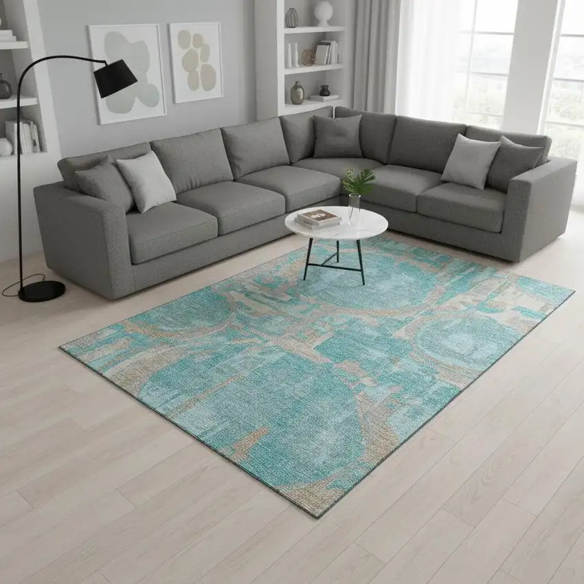Teal Taupe And Beige Geometric Washable Area Rug With UV Protection Photo 2