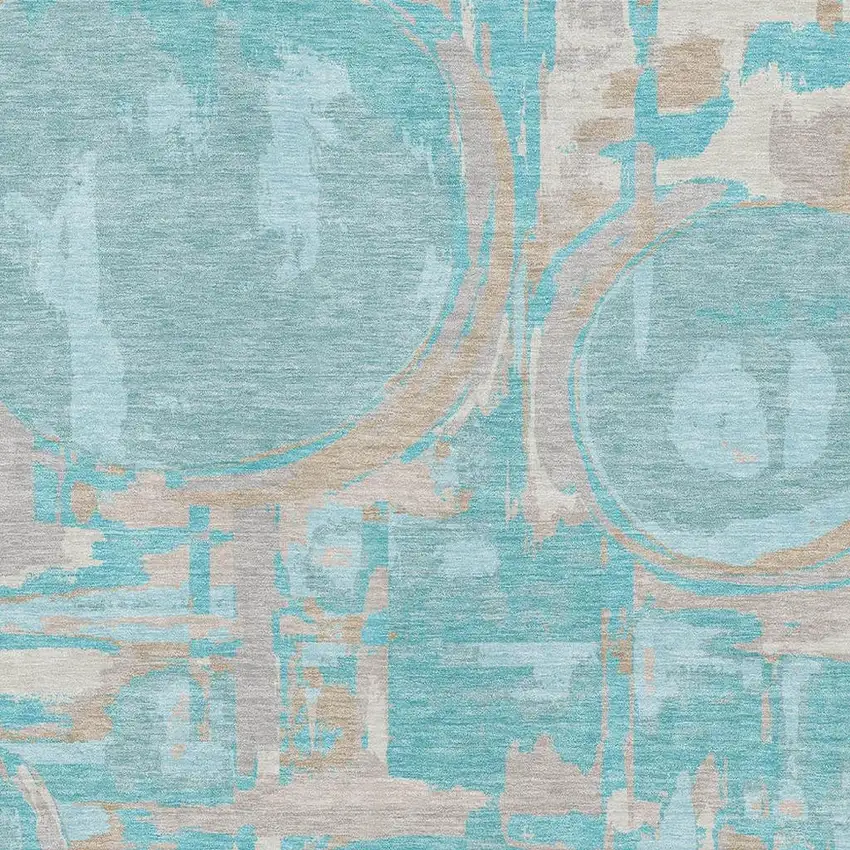 Teal Taupe And Beige Geometric Washable Area Rug With UV Protection Photo 3