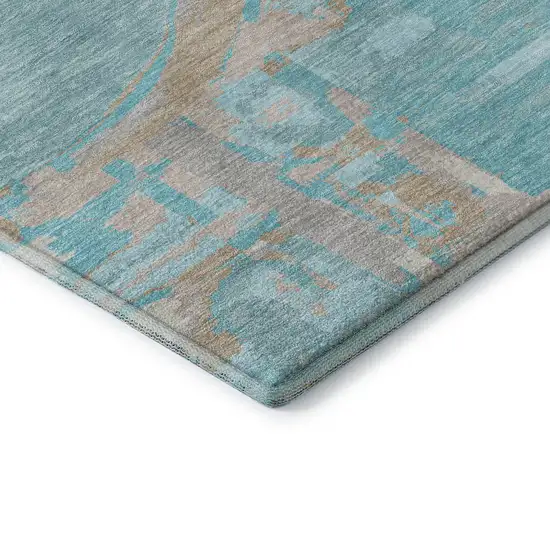 Teal Taupe And Beige Geometric Washable Area Rug With UV Protection Photo 8