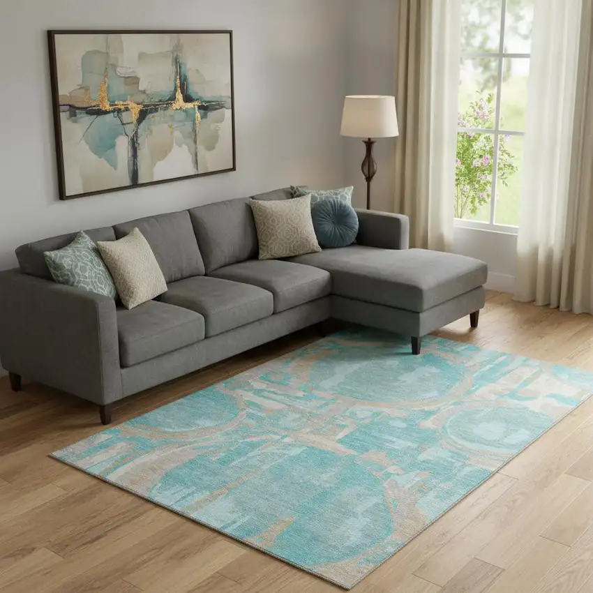 Teal Taupe And Beige Geometric Washable Area Rug With UV Protection Photo 1