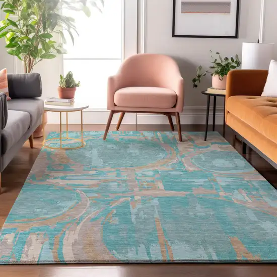 Teal Taupe And Beige Geometric Washable Area Rug With UV Protection Photo 5