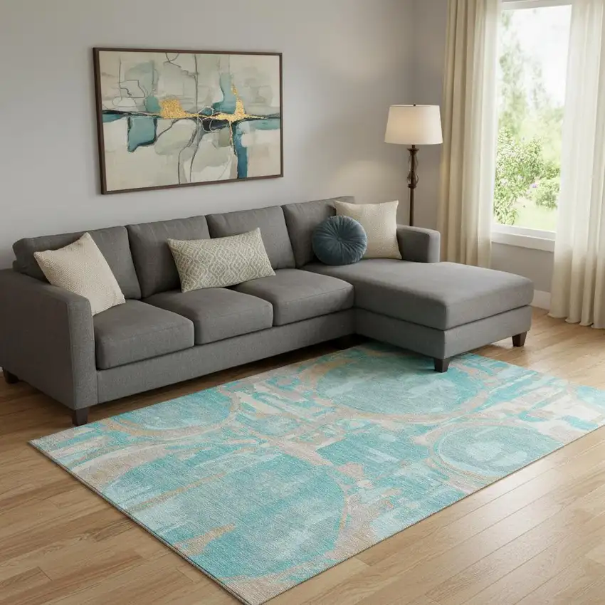 Teal Taupe And Beige Geometric Washable Area Rug With UV Protection Photo 1