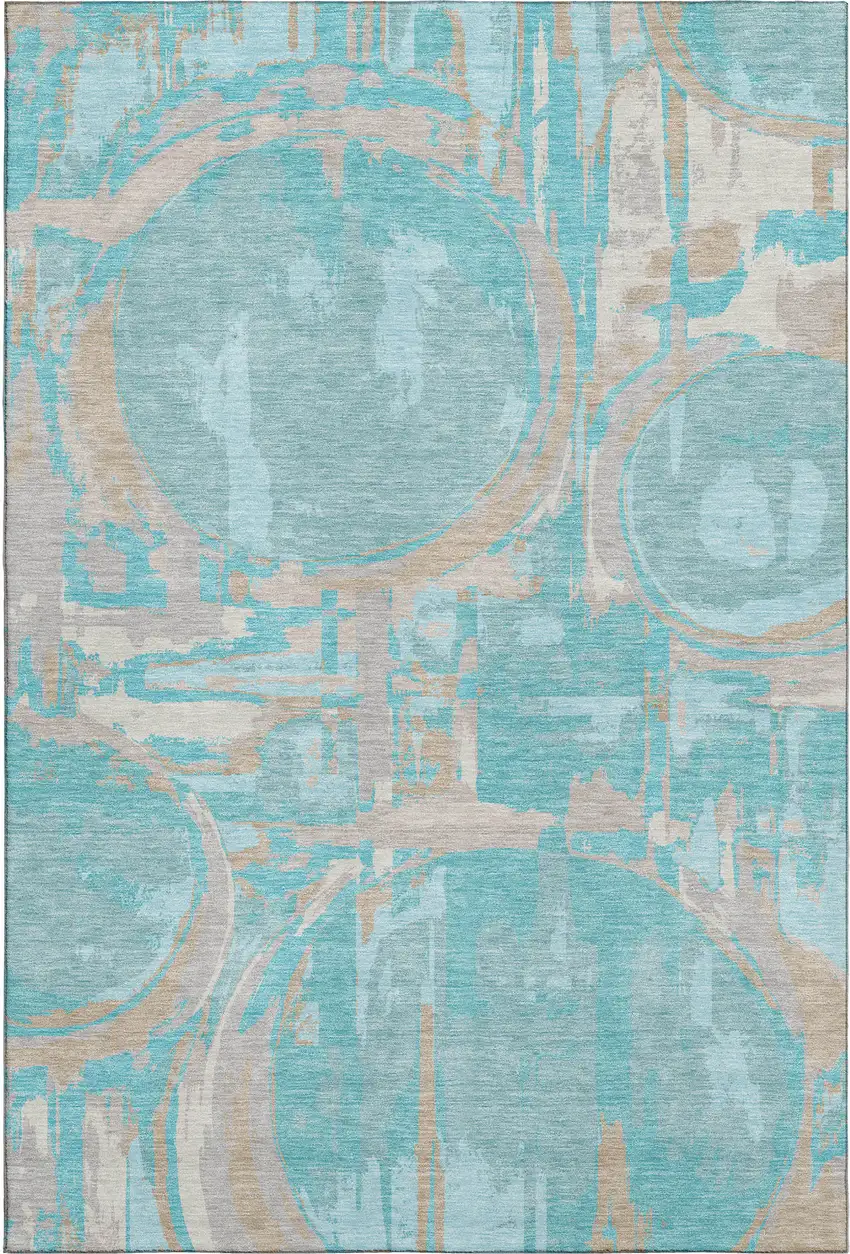 Teal Taupe And Beige Geometric Washable Area Rug With UV Protection Photo 1