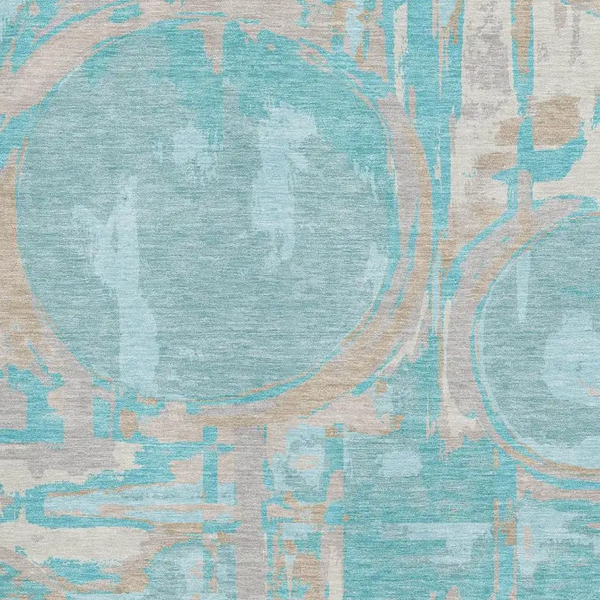 Teal Taupe And Beige Geometric Washable Area Rug With UV Protection Photo 3