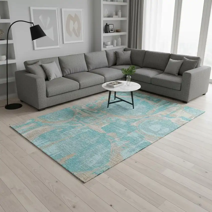 Teal Taupe And Beige Geometric Washable Area Rug With UV Protection Photo 2