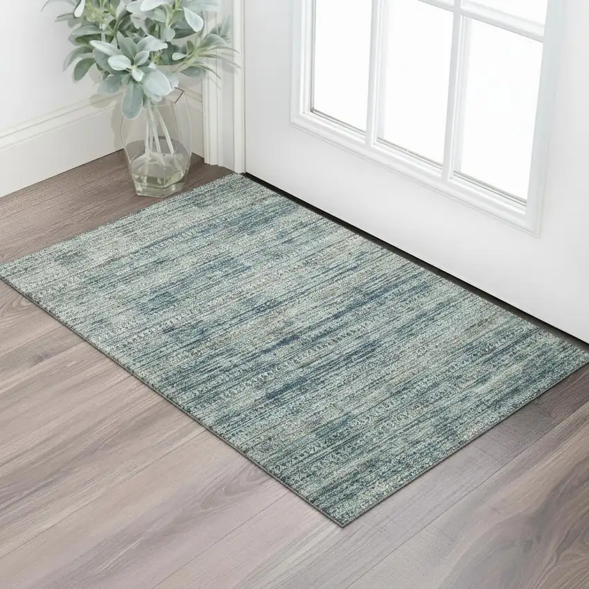 Teal Taupe And Beige Striped Washable Area Rug With UV Protection Photo 2