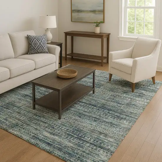 Teal Taupe And Beige Striped Washable Area Rug With UV Protection Photo 6