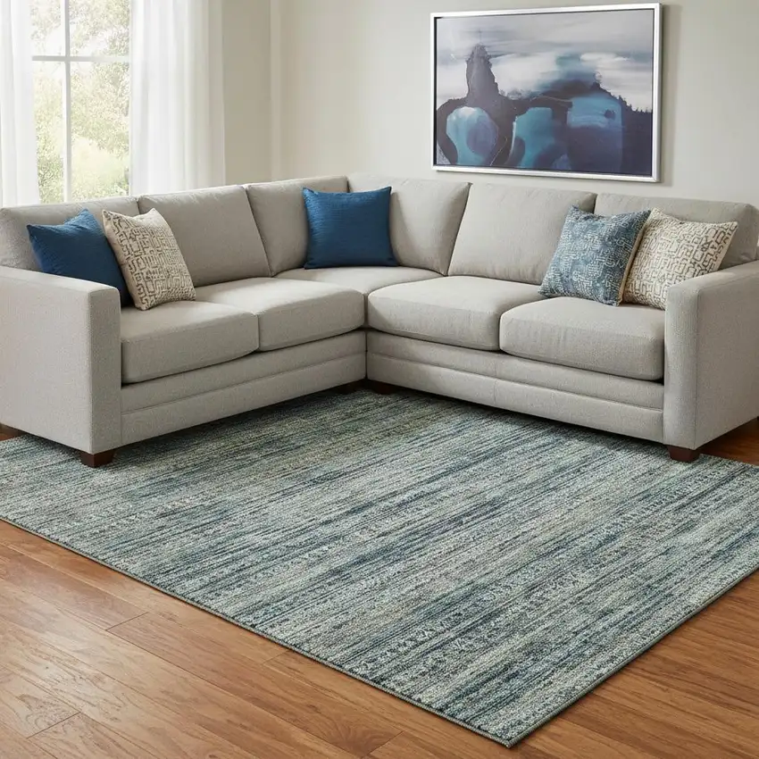 Teal Taupe And Beige Striped Washable Area Rug With UV Protection Photo 2