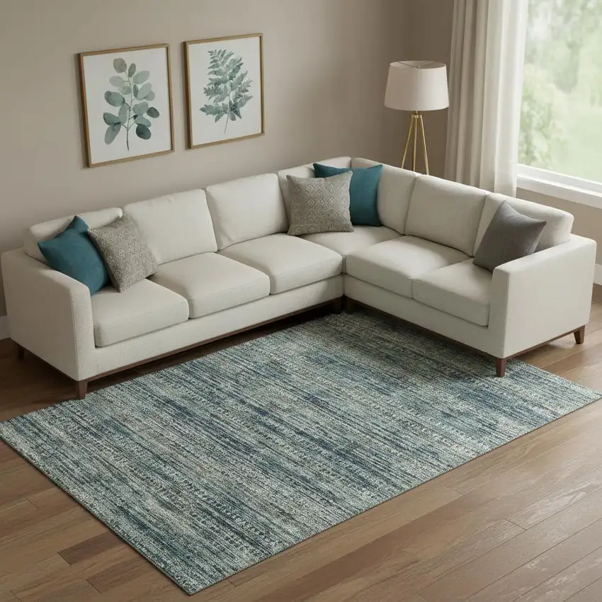 Teal Taupe And Beige Striped Washable Area Rug With UV Protection Photo 2