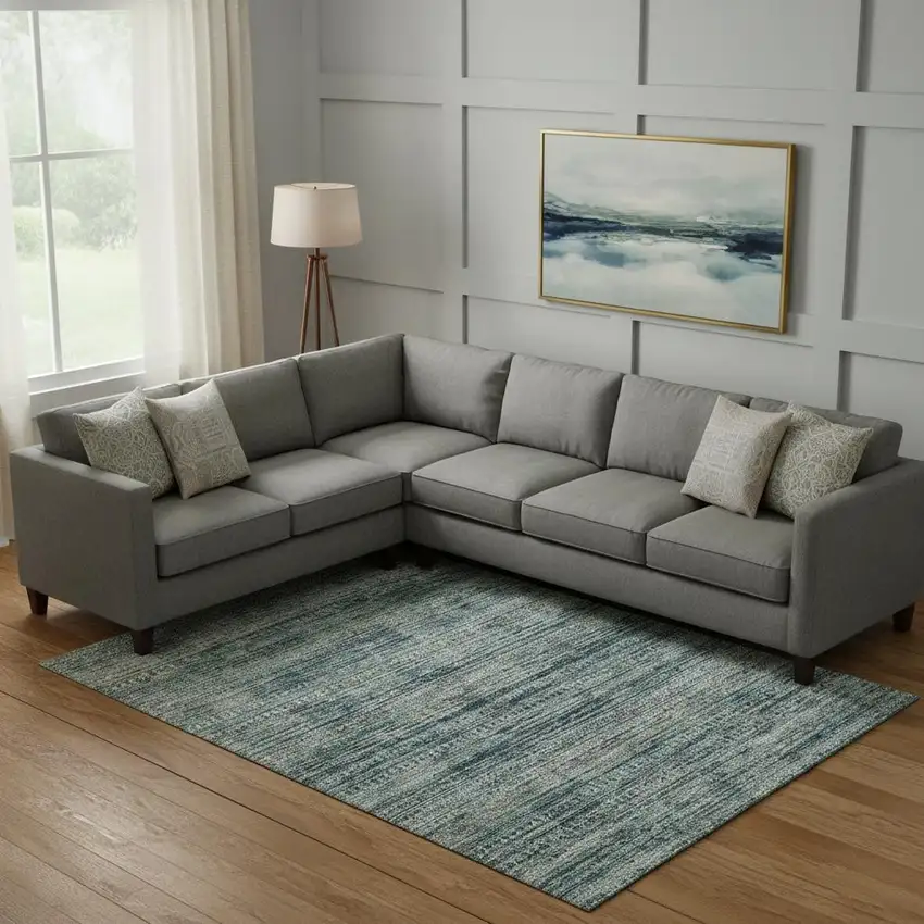 Teal Taupe And Beige Striped Washable Area Rug With UV Protection Photo 2