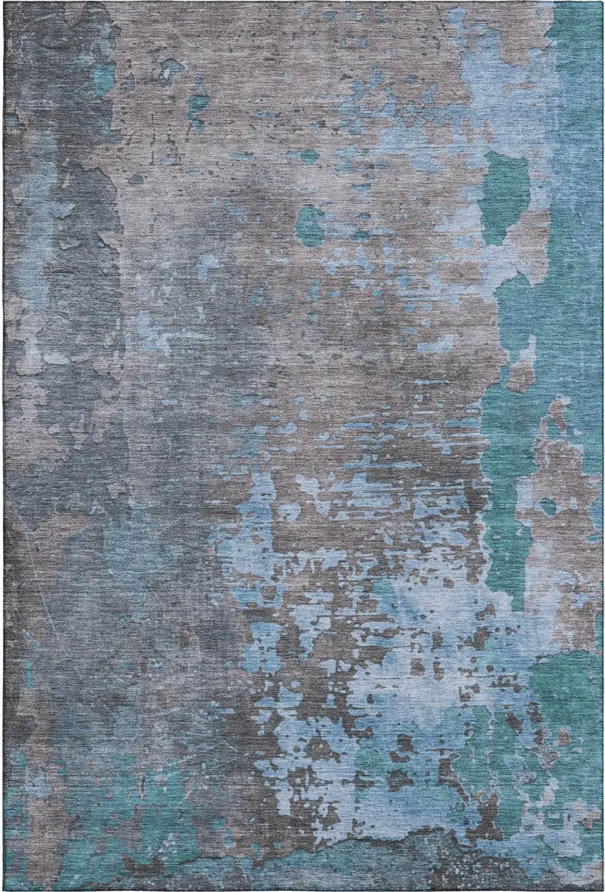 Teal Taupe And Blue Abstract Washable Area Rug With UV Protection Photo 5