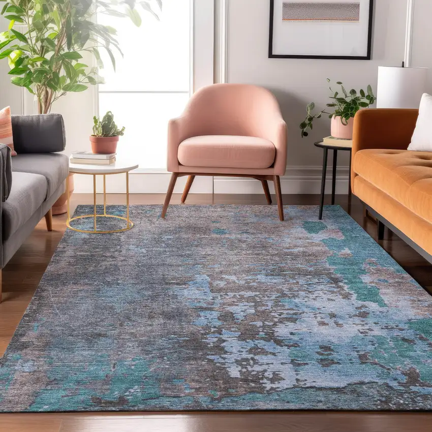 Teal Taupe And Blue Abstract Washable Area Rug With UV Protection Photo 3