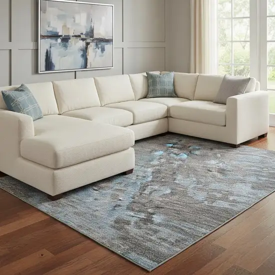 Teal Taupe And Blue Abstract Washable Area Rug With UV Protection Photo 2