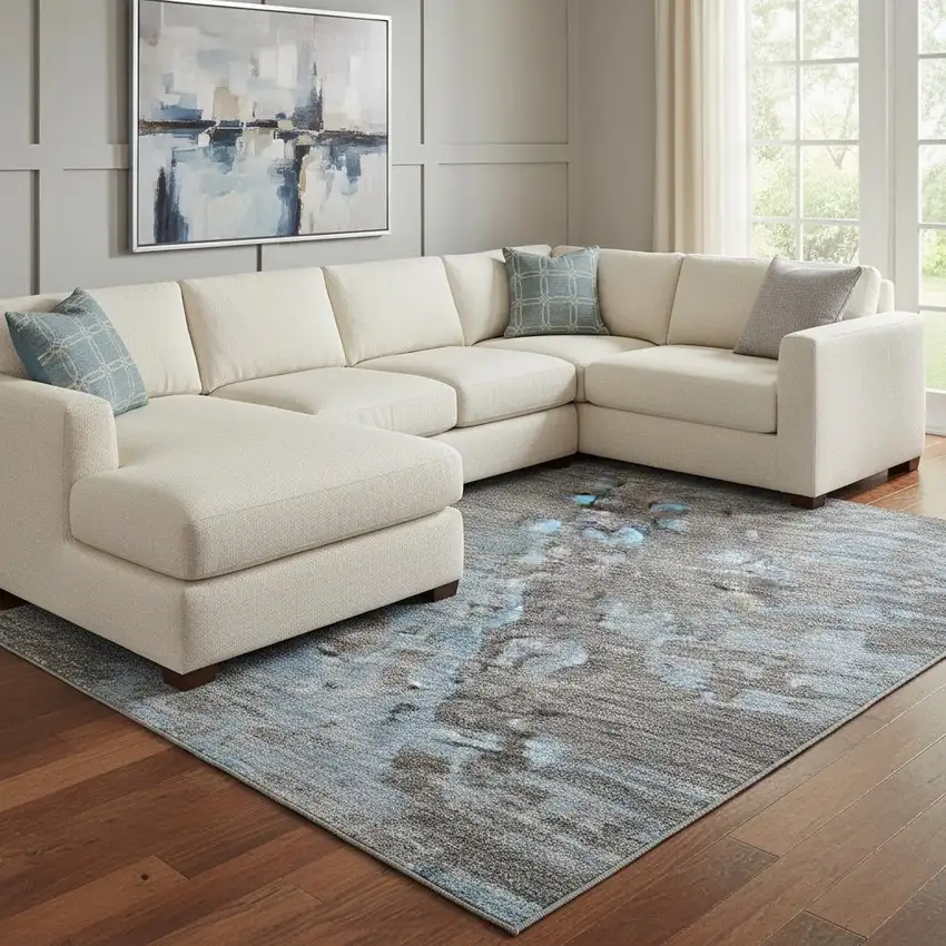 Teal Taupe And Blue Abstract Washable Area Rug With UV Protection Photo 2