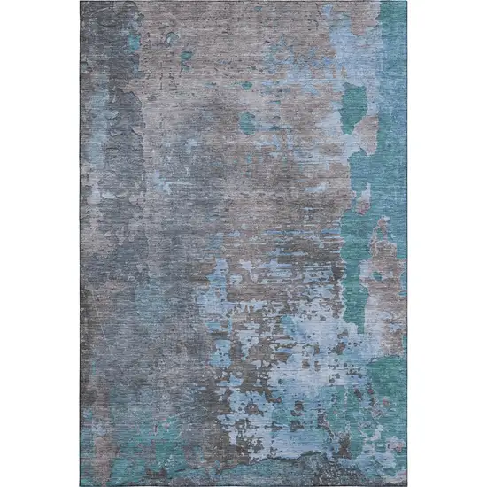 Teal Taupe And Blue Abstract Washable Area Rug With UV Protection Photo 4