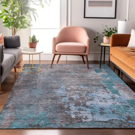 Teal Taupe And Blue Abstract Washable Area Rug With UV Protection Photo 3