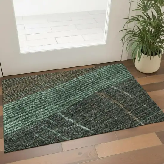 Teal Taupe And Sage Striped Washable Area Rug With UV Protection Photo 2