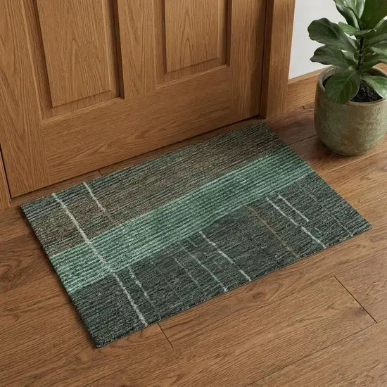 Teal Taupe And Sage Striped Washable Area Rug With UV Protection Photo 1