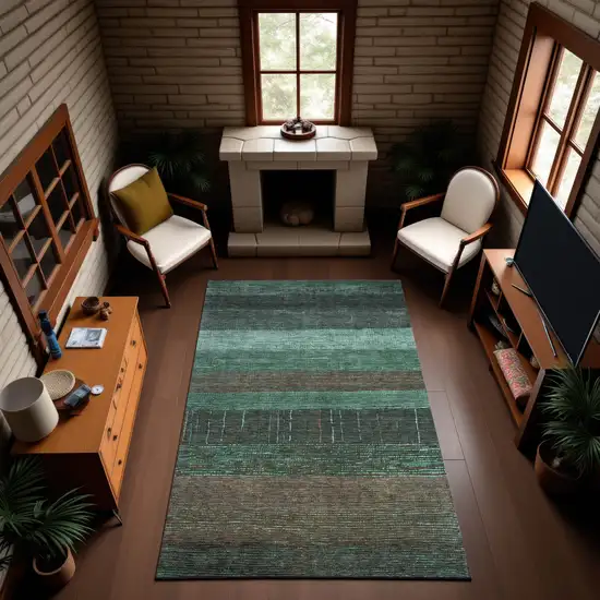 Teal Taupe And Sage Striped Washable Area Rug With UV Protection Photo 3