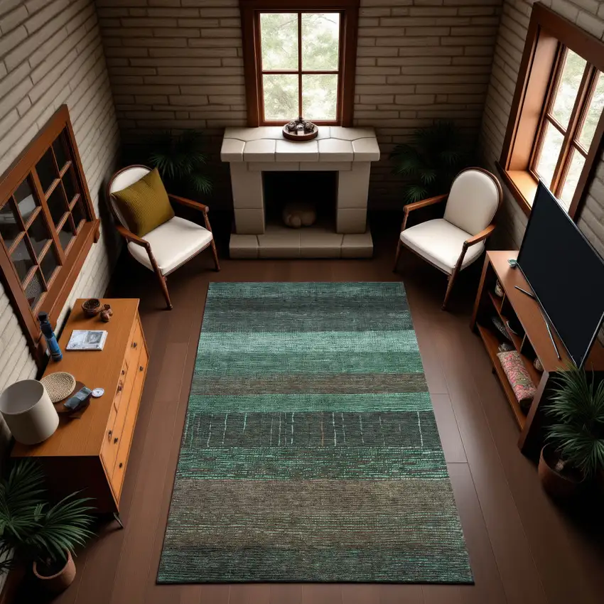 Teal Taupe And Sage Striped Washable Area Rug With UV Protection Photo 3