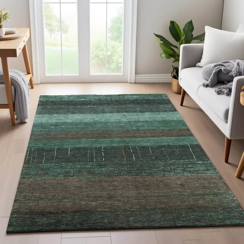 Teal Taupe And Sage Striped Washable Area Rug With UV Protection Photo 4