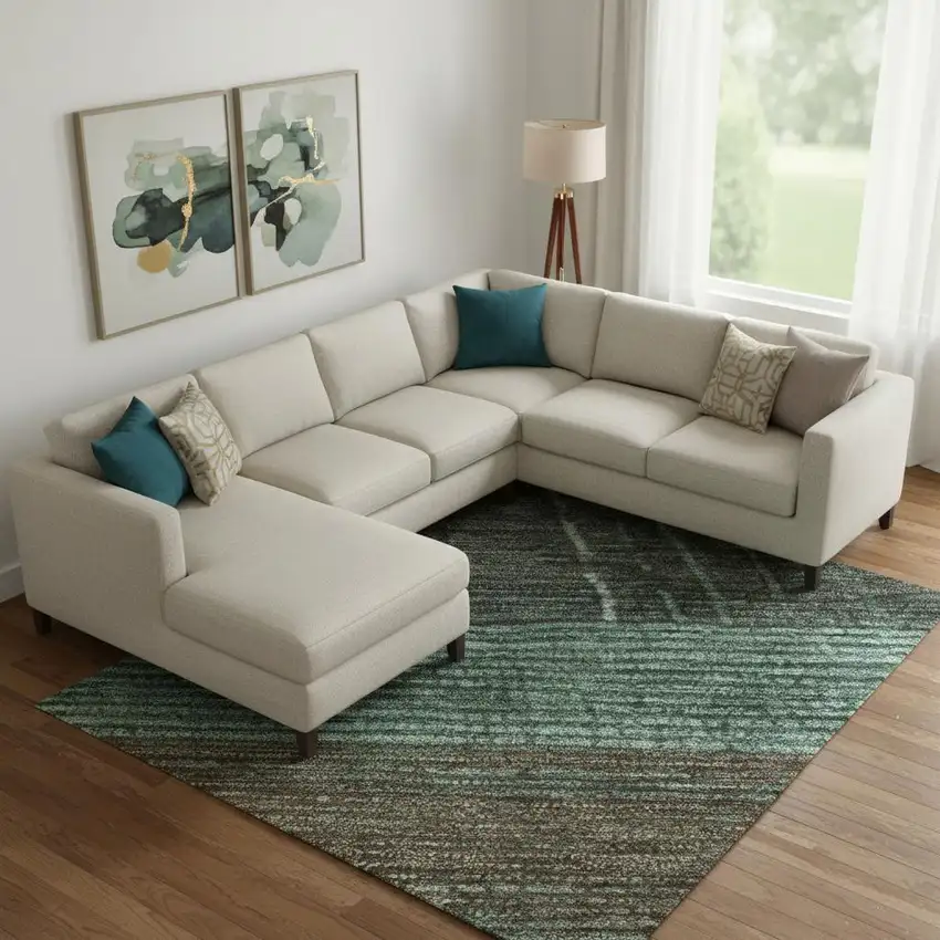 Teal Taupe And Sage Striped Washable Area Rug With UV Protection Photo 2