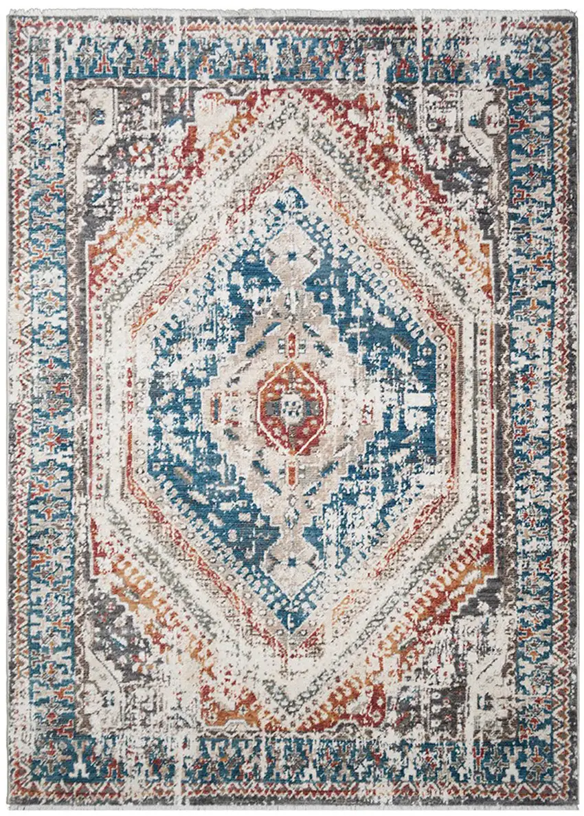 Teal Taupe and Rust Geometric Distressed Area Rug With Fringe Photo 2