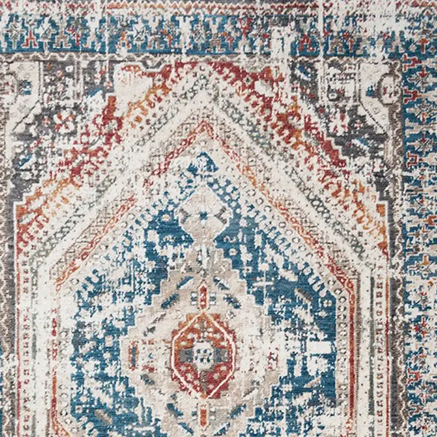 Teal Taupe and Rust Geometric Distressed Area Rug With Fringe Photo 6