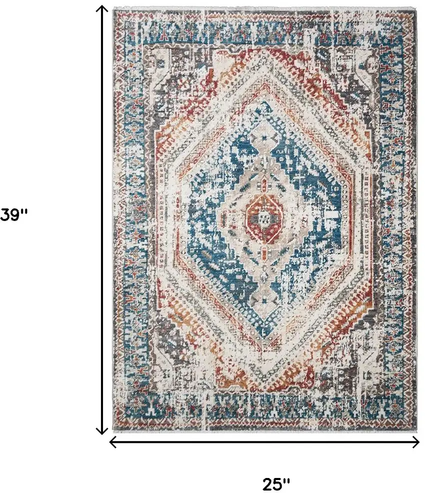 Teal Taupe and Rust Geometric Distressed Area Rug With Fringe Photo 7