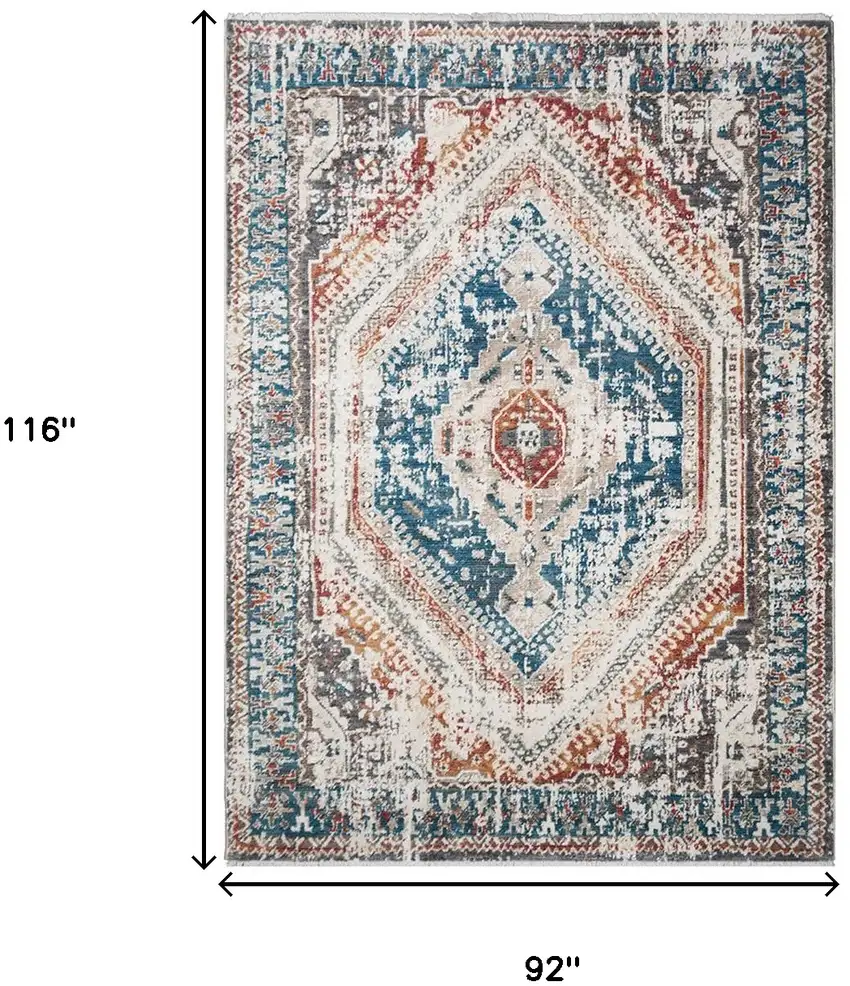 Teal Taupe and Rust Geometric Distressed Area Rug With Fringe Photo 5