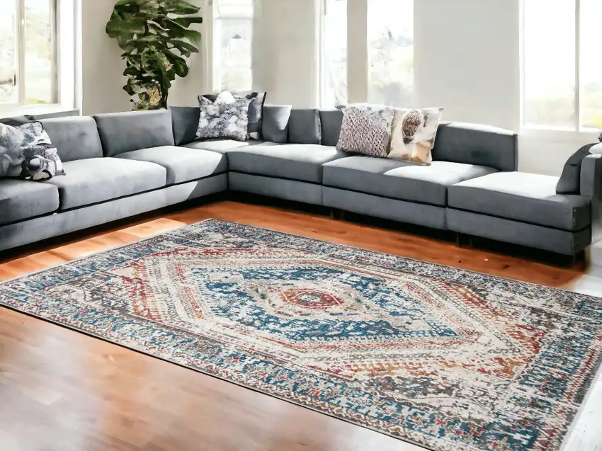 Teal Taupe and Rust Geometric Distressed Area Rug With Fringe Photo 1
