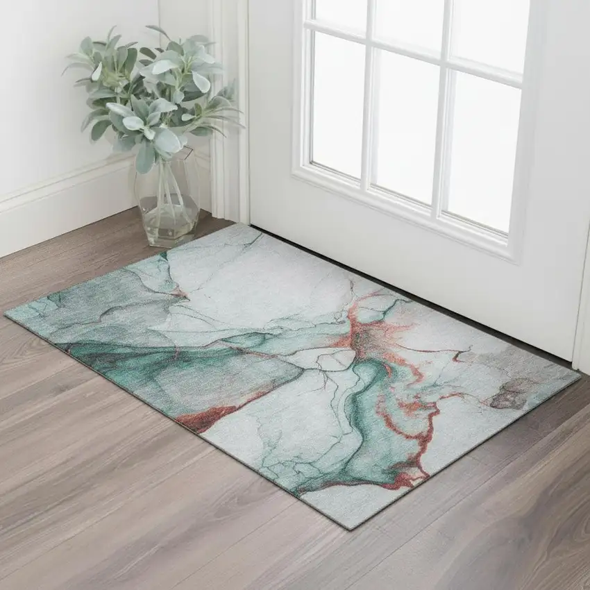 Teal Terra Cotta And Ivory Abstract Washable Area Rug With UV Protection Photo 2