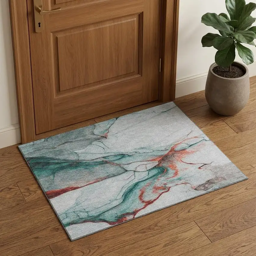 Teal Terra Cotta And Ivory Abstract Washable Area Rug With UV Protection Photo 1