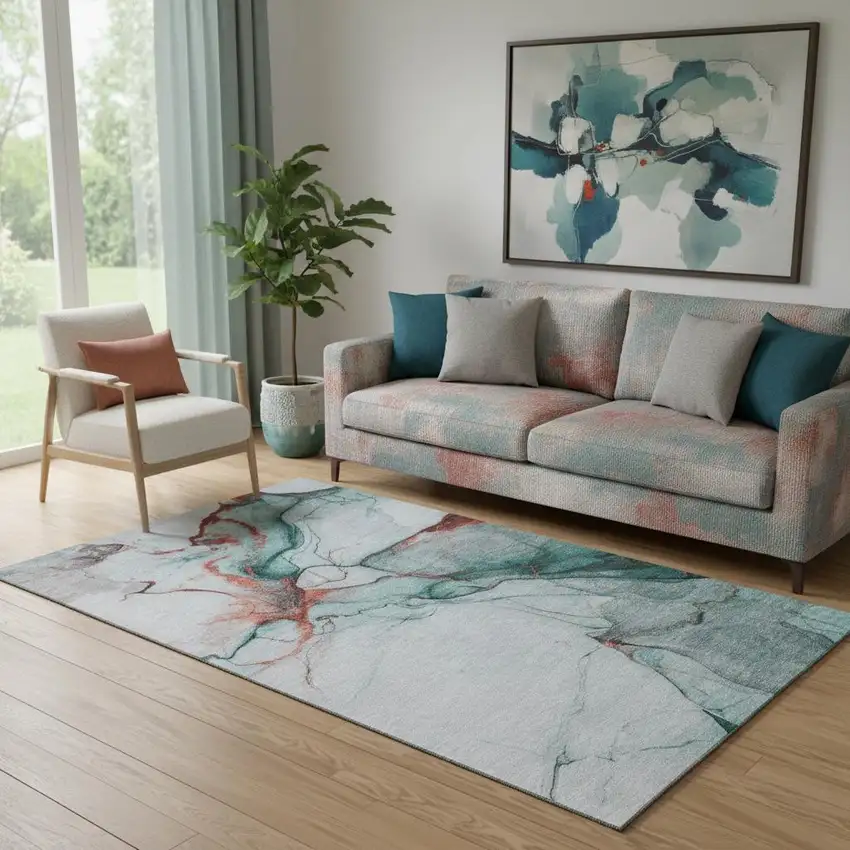 Teal Terra Cotta And Ivory Abstract Washable Area Rug With UV Protection Photo 2