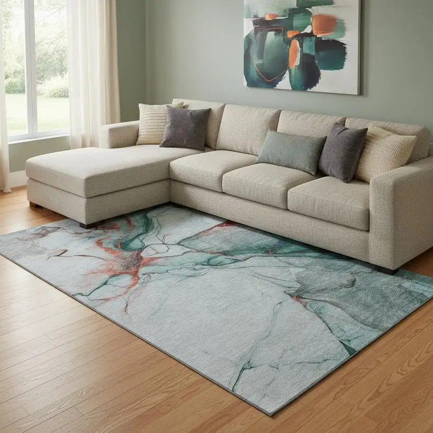 Teal Terra Cotta And Ivory Abstract Washable Area Rug With UV Protection Photo 2