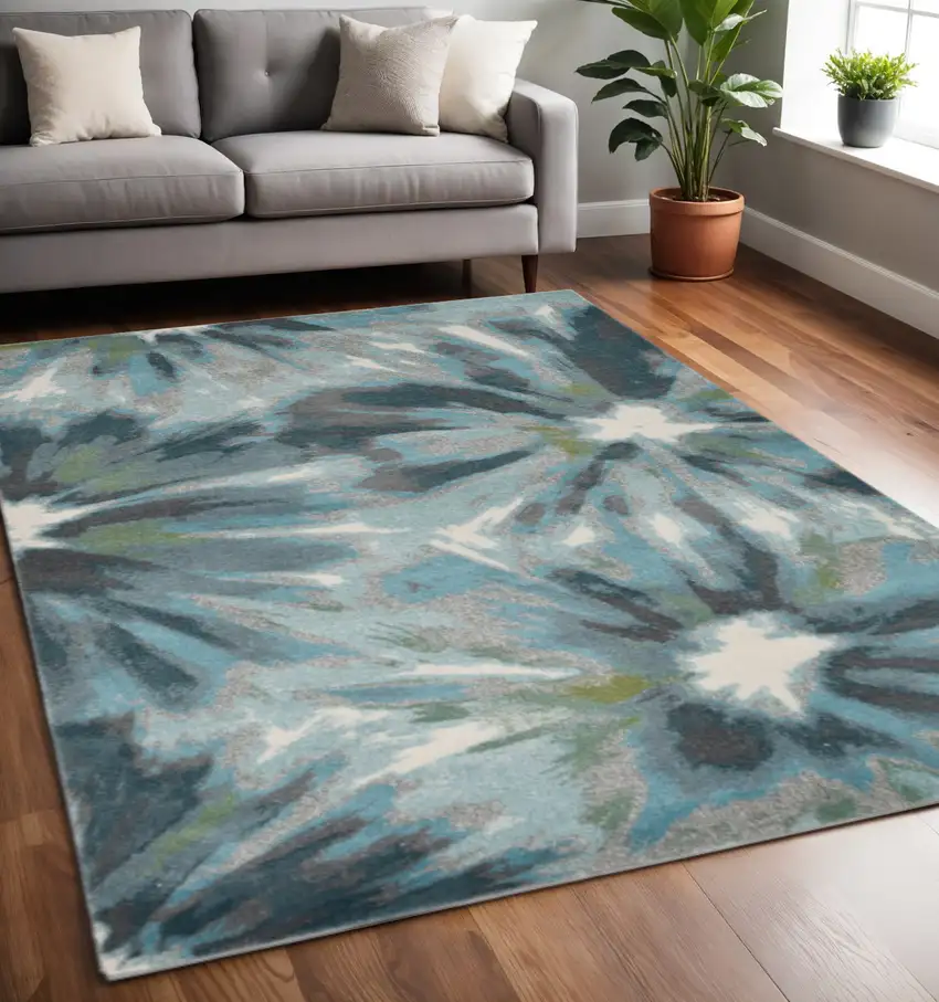 Teal Ivory And Gray Floral Area Rug Photo 1