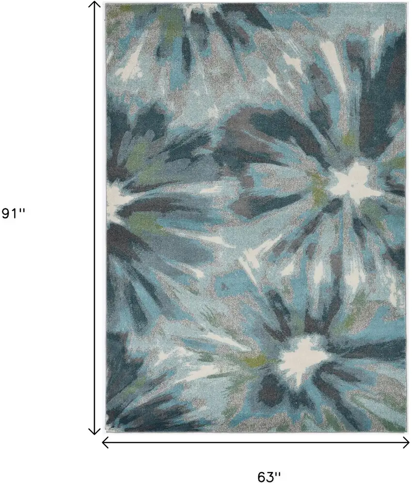Teal Ivory And Gray Floral Area Rug Photo 3