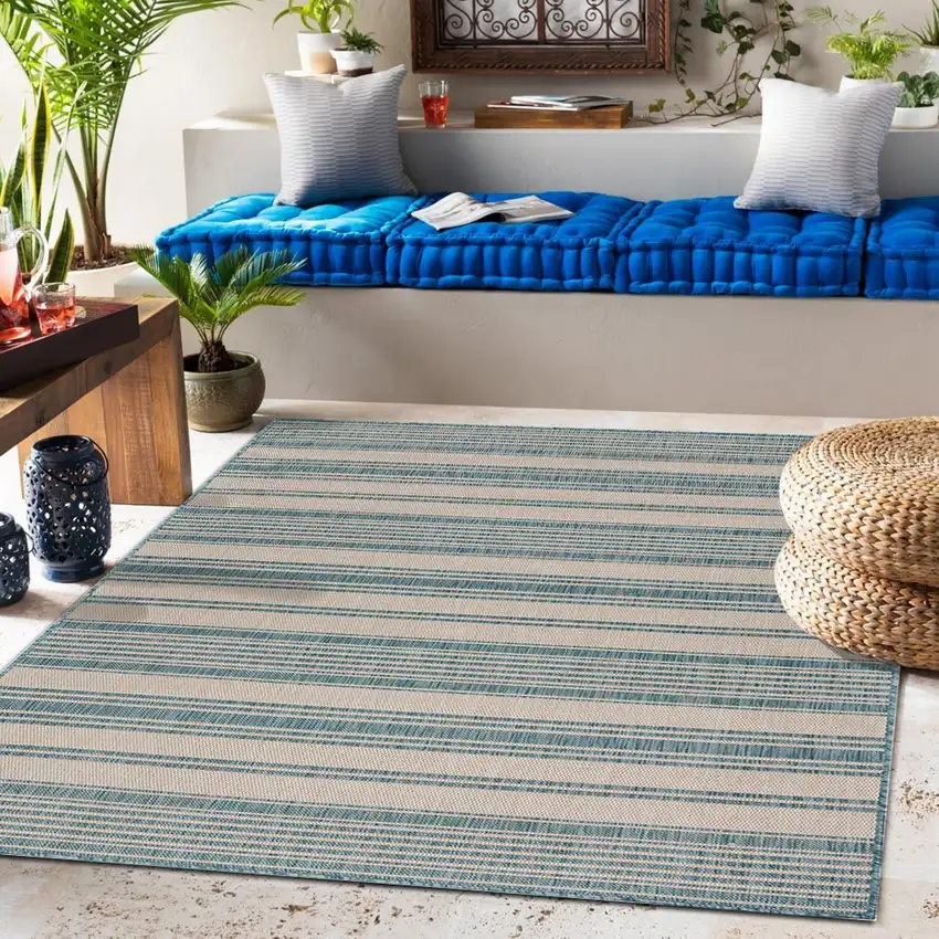 Teal Uneven Striped Indoor Outdoor Area Rug Photo 8