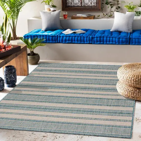Teal Uneven Striped Indoor Outdoor Area Rug Photo 8