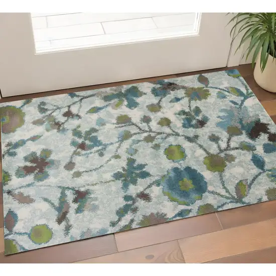 Teal Blue White And Green Floral Vines Area Rug Photo 1