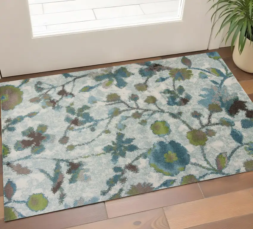 Teal Blue White And Green Floral Vines Area Rug Photo 1