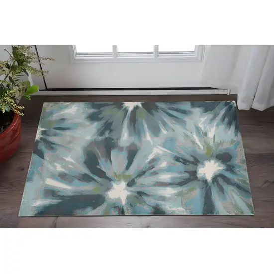 Teal Ivory And Gray Floral Area Rug Photo 1