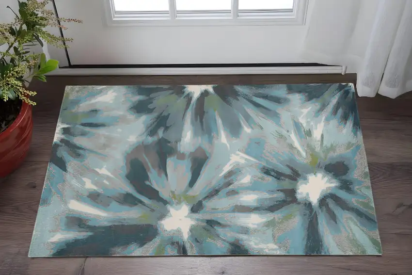 Teal Ivory And Gray Floral Area Rug Photo 1