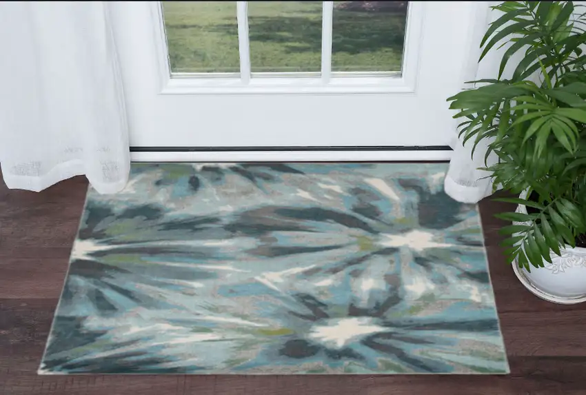 Teal Watercolor Leaves Area Rug Photo 1