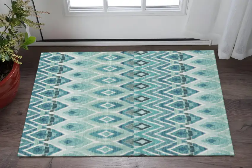 Teal White And Gray Southwestern Washable Area Rug With UV Protection Photo 2
