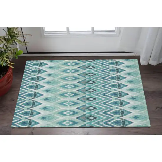 Teal White And Gray Southwestern Washable Area Rug With UV Protection Photo 2