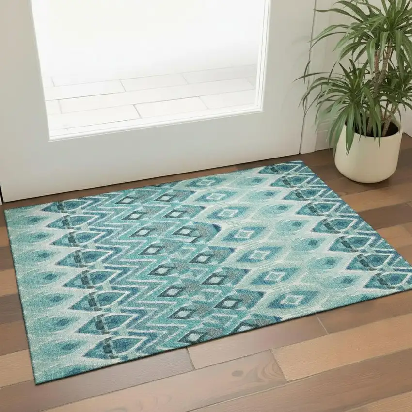 Teal White And Gray Southwestern Washable Area Rug With UV Protection Photo 1
