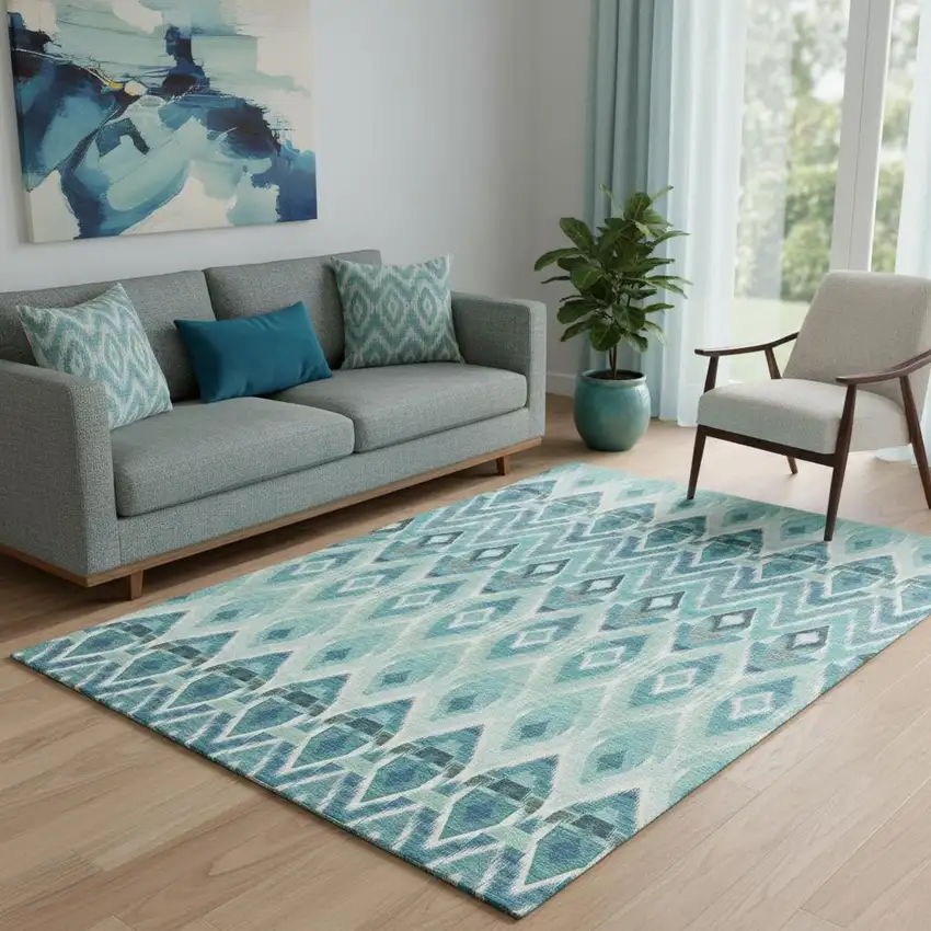 Teal White And Gray Southwestern Washable Area Rug With UV Protection Photo 1